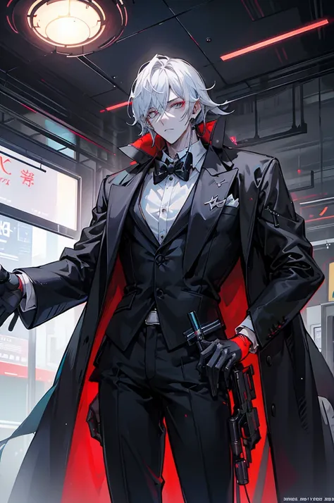 초상화, Face_through_torso, cyberpunk, A very tall male character with a thin build, dressed in an elegant tuxedo that contrasts with his criminal affiliation within the shadowy merchant guild. His head is entirely a glowing energy orb, giving him an otherwor...