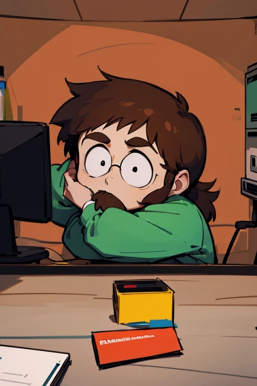 man with brown hair, south park with computer