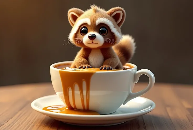 a captivating 3D rendering of a coffee cup,, filled with whimsical foam creations like adorable..., a super soft baby raccoon,. A raccoon,, with intricate details and expressive eyes,, exuding a playful aura,，it sits atop a thick coffee,. coffee spilling o...