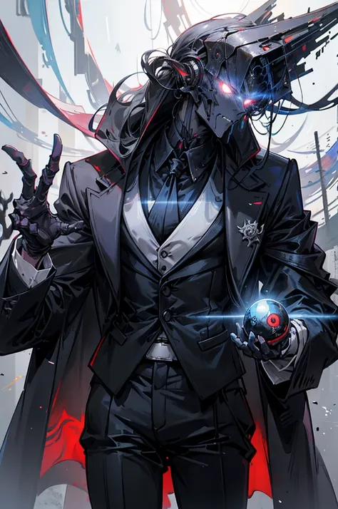 초상화, Face_through_torso, cyberpunk, A very tall male character with a thin build, dressed in an elegant tuxedo that contrasts with his criminal affiliation within the shadowy merchant guild. His head is entirely a glowing energy orb, giving him an otherwor...