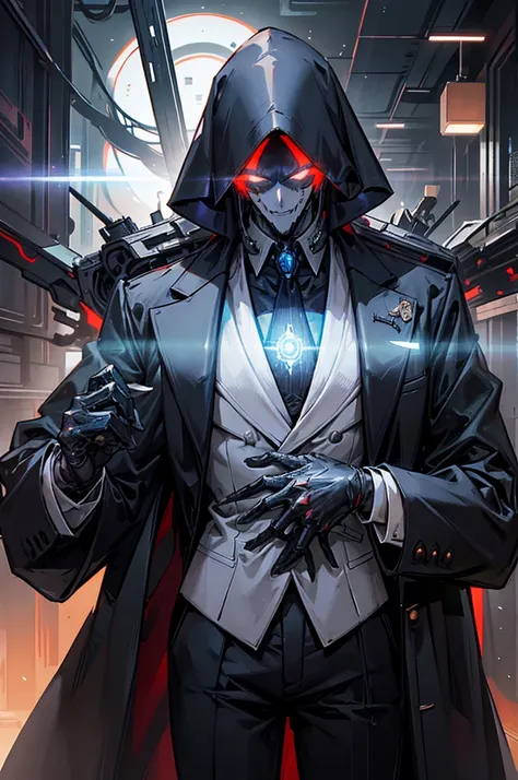 초상화, Face_through_torso, cyberpunk, A very tall male character with a thin build, dressed in an elegant tuxedo that contrasts with his criminal affiliation within the shadowy merchant guild. His head is entirely a glowing energy orb, giving him an otherwor...