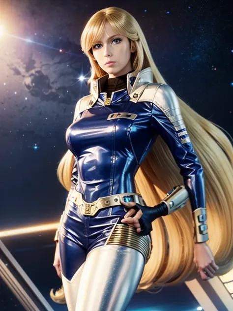 Anime style female character inspired by vintage space opera aesthetics, with elongated facial features, 165 cm tall, having blond, waist-length, wavy hair with V bangs, and blue eyes. She is wearing tight skinny jeans with high boots over them, adding an ...