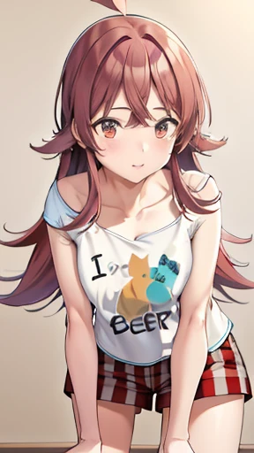 masterpiece,best quality,high resolution,[[nsfw]],aakaho,long hair, ahoge,collarbone, print shirt,nipple slip from white t-shirt,clothed,bare breasts,plaid shorts,((leaning forward all fours))