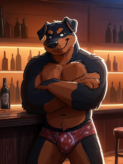 (rottweiler), (solo), male, anthro, (by paintfox, by paintfox34), (tail:1.3), (perfect hands), ((smug expression)), ((bar background), inside, powerful silhouette), ((thick fur, large build)), correct anatomy:1.2, ((mature male)), sexy, (bulge:0.6), (brown...