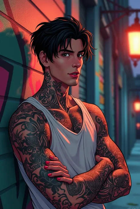 illustration of a dark-haired man with tattoos on his arms and lipstick kisses on his neck