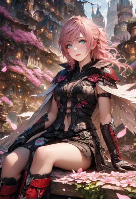 Ultra detailed, highres, absurdres, HDR, master piece, Claire Farron, wavy pink short hair, expressive pale aqua eyes, cropped white cape, black leather clothes, black long gloves, Lightning Farron, Final Fantasy XIII (Lightning returns), pink flowers, pet...