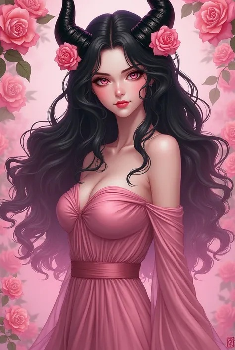 A 20 year old long pink mix black (gradations) haired woman, curly hair style, pink jewelry sharp dragon eyes, white/fair skin, with black dragon horns on top of her head and pink roses flowers against her horns. looks pretty, graceful yet intimidating and...