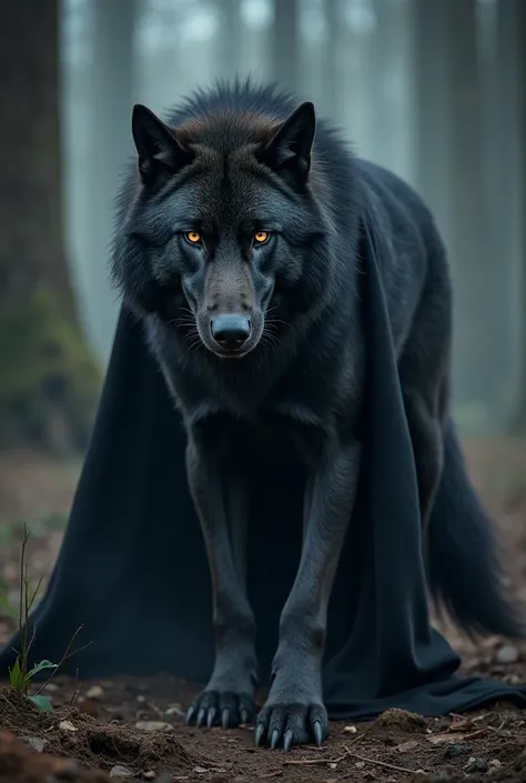 wolf with brown eyes, black hair, face with a cut in the eye, with a long black wolf cape, large with a large tail, medieval and aggressive, with claws