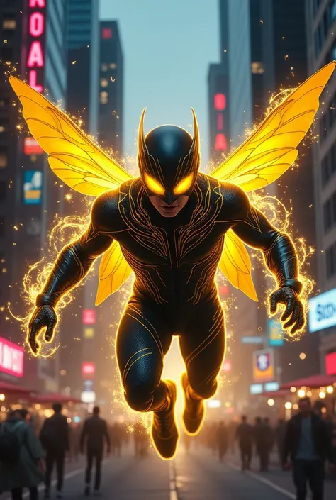 a mind control superhero called the swarm wearing a yellow and black suit