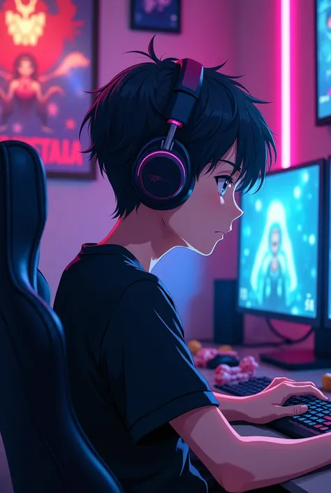  a anime boy playing games in the gaming room and wear a balack t shirt and using headphone 