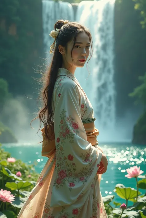 lute、smile、waterfall、lake、Beauty、Facing forward、looking at the camera、Hands folded in front of you、The background is God々It emits a bright light、
vivid、kimono、Decorations、Long Hair、Wind、Lotus flower、White Snake、Halo、Digital Art、
mysterious、beautiful、Realis...