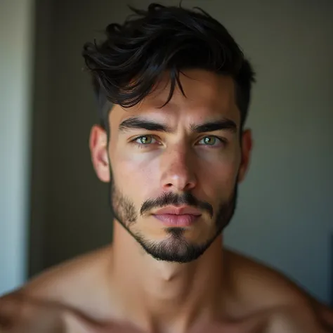 White man, black hair, green eyes, 20 years old, sexy, athletic body, model, naked, gifted, short beard
