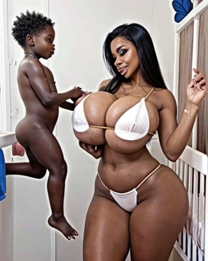 Big ass white bimbo in sexy thong in nursery with black african newborn babies, Babies are very small and Bimbo is huge, Newborn African babies are very small