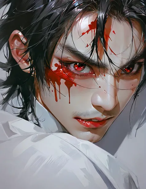 A man with a knife and blood on his face, a detailed painting by Yang J, pixiv contest winner, auto-destructive art, handsome guy in demon slayer art, detailed digital anime art, detailed key anime art, detailed anime artwork, detailed anime art, his eyes ...