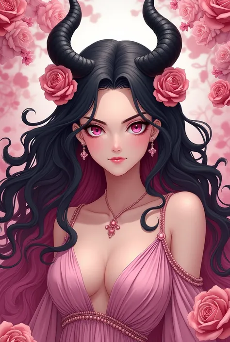 A 20 year old long pink mix black (gradations) haired woman, curly hair style, pink jewelry sharp dragon eyes, white/fair skin, with black dragon horns on top of her head and pink roses flowers against her horns. looks pretty, graceful yet intimidating and...