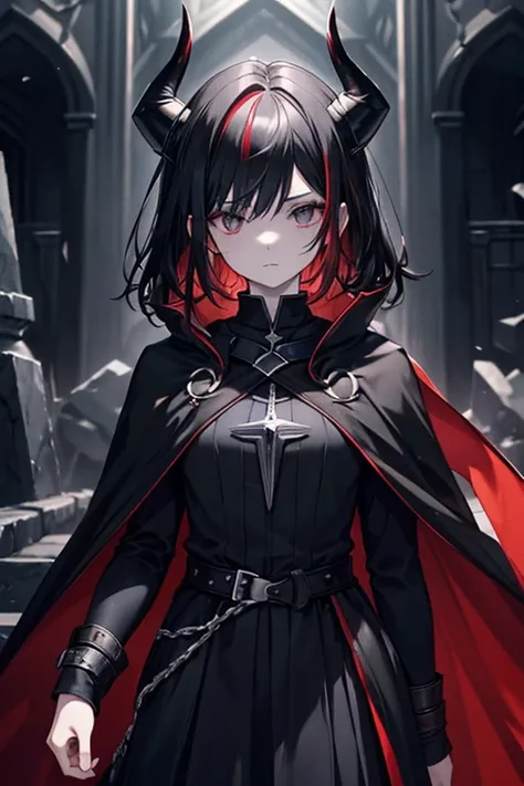 completely black eyes, 19 years old, mage, horns, black hair with red highlights, emotionless, pale skin, dark, medieval, chaos magic, dark magic, with cape, powerful, a girl with a cute boy appearance ,girl, mens clothing, hair boy, appearance of man