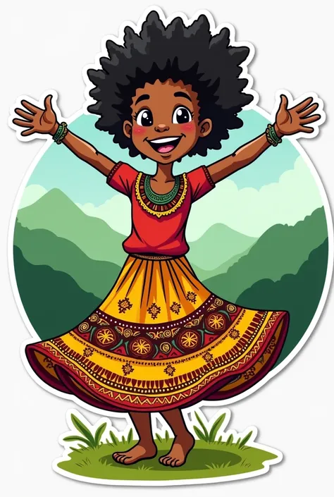 A sticker. A friendly character. It is adorned with small details that evoke its Ethiopian origin., as a traditional pattern in the cup. The character may be dancing gently or moving its arms to the rhythm of cheerful music, with a background of green moun...