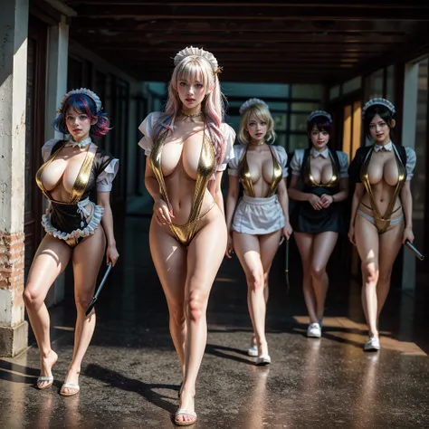 (Full Body of Extremely Detailed((Sexy Maid Group in a row:1.37))), KAWAII perfect face, Reflective Eyes, Detailed(Delicate Clothing textures), Correct Leg Line, Dynamic Joyful Expressions LifeLike Rendering, Specular Reflection, TopQuality 8K Ultra-detail...