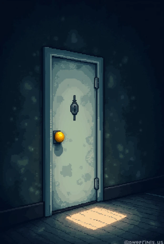 Create an image of a white door with a yellow knob on a dusty house being closed. In the middle of the darkness.,all this with a pixelated style similar to the visual style of Undertale. 