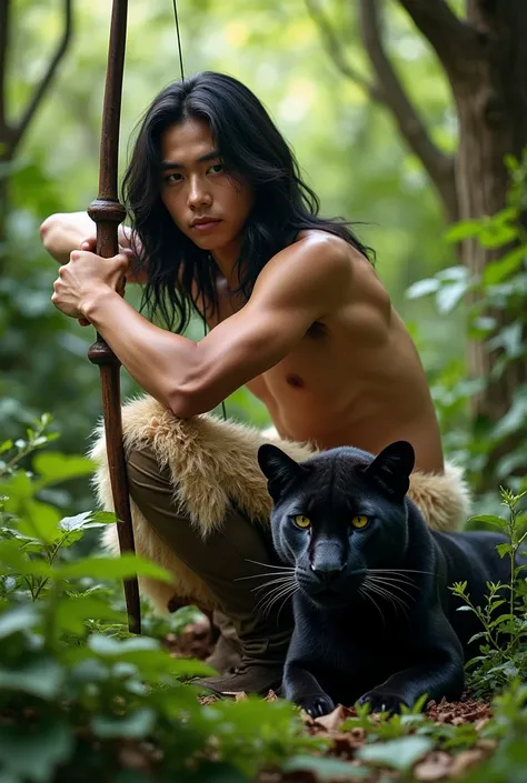 A handsome 17-year-old Korean boy. He has very dark skin and very long black hair. Hes shirtless, In beige fur pants and hoofed shoes. He has handsome masculine features of a young man. He has a red heart pendant... He hides in the fern thicket and shoots ...