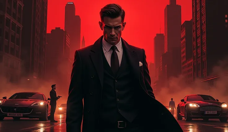 A powerful, strong young Mafia Boss stands in the center, his sharp suit immaculate and his eyes filled with a mix of cold calculation and hidden pain. Behind him, the city skyline looms under a blood-red sky, with shadows of gunmen and luxury cars fading ...