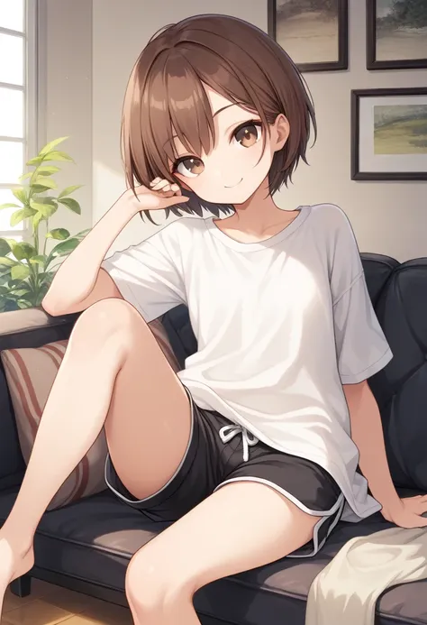 solo, score_9, straight hair, short hair, brown hair, brown eyes, oversized clothes, white shirt, black shorts, sitting, sofa, i...