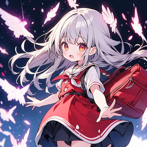 1girl,Little、cute、Primary school students、Red short-sleeved dress、Gray Hair、Red School Bag、Skipping、Facing sideways towards the audience、Yellow simple background