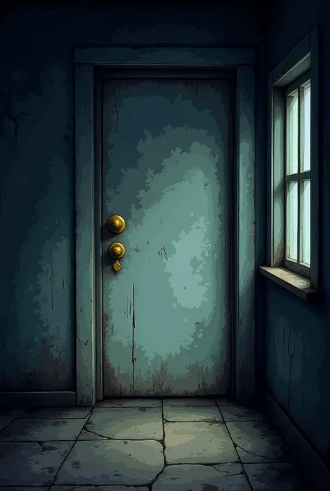 Create an image of a white door with a yellow knob on a dusty house being closed. In the middle of the darkness.,all this with a pixelated style similar to the visual style of Undertale. 