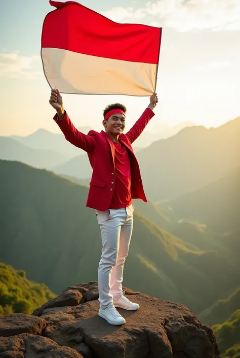 Portrait of a 19-year-old Indonesian young man wearing a red slim jacket and white trousers,wearing a red headband,Standing on a rocky hill,waving the Indonesian red and white flag.