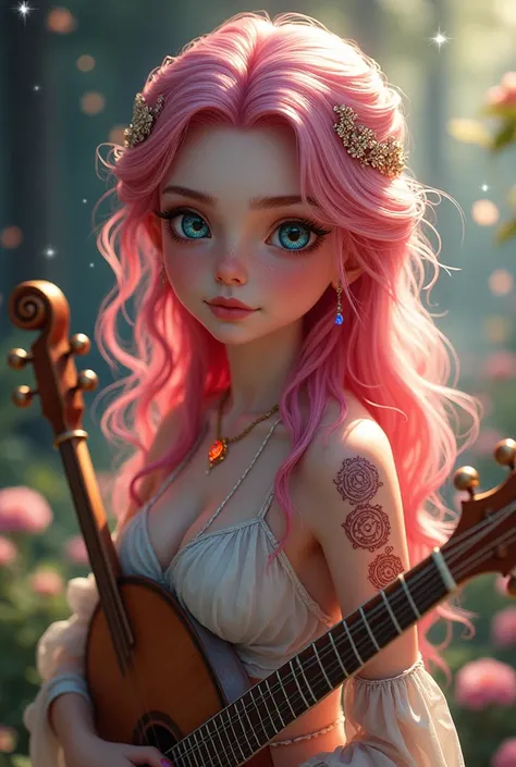 A very beautiful and young girl, Her hair is extremely pink and she has two blue streaks, Your skin is white and delicate, and it has red magical symbols on your shoulders and neck that are like tattoos., Her clothes are very elegant and chic, demonstratin...