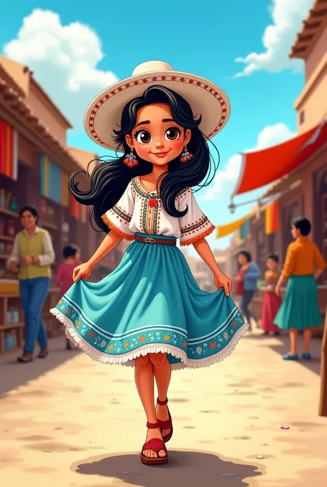 Cartoon of a cholita wearing a white hat and a short, light blue skirt
