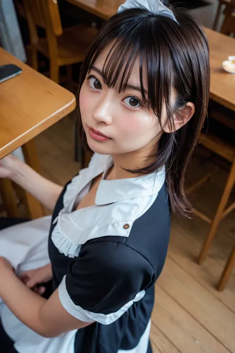 (8k, RAW Photos,Highest quality, High resolution:1.1), (Ultra-realistic:1.4),(Realistic, Realistic:1.3),The Beauty of Japan、((Upper Body:1.3)),maid喫茶、((maid:1.3)),look up、Shooting from above、cafe,from side