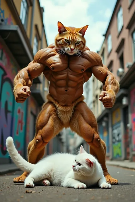 Make bodybuilder his head is cat and body is human Fighting with Another white cat bodybuilder white cat has got punched and died