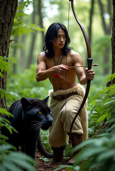 Handsome 17-year-old Korean guy. He has very dark skin and very long black hair. He is shirtless, In beige fur pants and hoof-shaped shoes. He has beautiful masculine features of a young man. He has a red heart pendant. He is hiding in the fern thicket and...