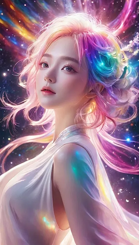 Floating in pink space、((whole body))、Reaching out, Highest quality, High-definition CG synthesis 8k wallpaper, Cinema Lighting, Lens flare, A beautiful eye for detail, White clothes,  Multicolored Hair, Rich and colorful light, particle, 、、Laugh fearlessl...