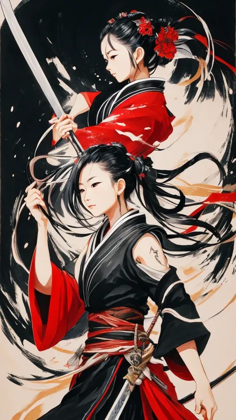 Ink Painting, １color, whole body, smile, ミディアムヘア, warrior, Black kimono, (Haori), (Extend your arm and perform an intense sword fighting scene.), Drawing of strokes drawn with rotting ring 0, Dynamic movement and powerful brushstrokes、splash, Surrealism, c...