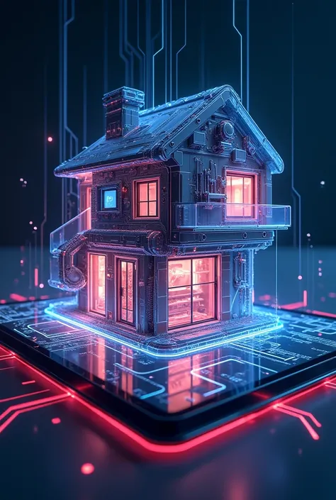 Illustration of a cybernetic house, house coming out of a tablet, house made with technology, house outlined with light, hologram of a house, neon lights, light contrast