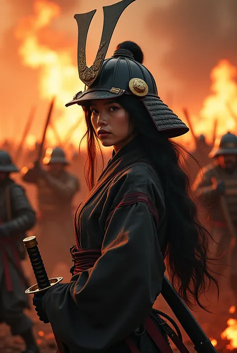 8k image Japan beautiful Female Samurai、Female warriors of the Sengoku period、Wearing a helmet、Scene of fierce fighting、There are many people fighting around、Flames are rising all around、Sense of presence。Real、Genuine、２５age、Black Hair