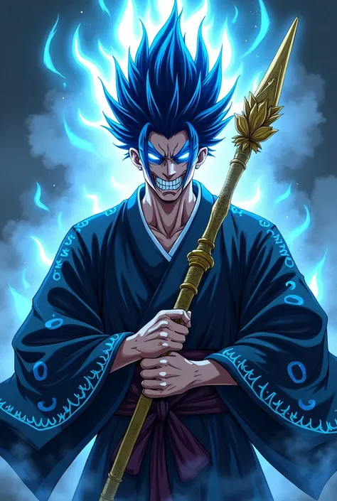 a man with blue flames mixed with his spiky dark blue hair wearing a mask with blue teeth and a glowing blue eye , wearing a Japanese garment that exudes a sacred presence,  black with blue details holding a golden staff with rays (style of anime) 