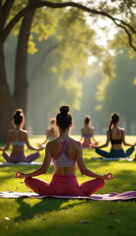 Yogis doing the childs pose in El Bosque Park at 8 am 