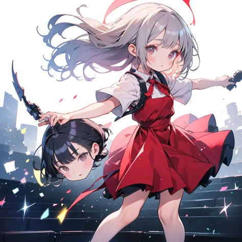 1girl,Little、cute、Primary school students、Red short-sleeved dress、Gray Hair、Red School Bag、Skipping、Facing sideways towards the audience、Yellow simple background