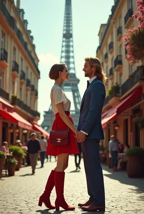 Front view, Full-body, couple is standing pose , on street , in Paris, looking Eiffel Tower, 1970 years ,(1 male and 1 female is exist), (1 male Englishman, 1 boy is 28 age old), ( blond hair, long hair, handsome face, smile ), French gentleman ( blue suit...