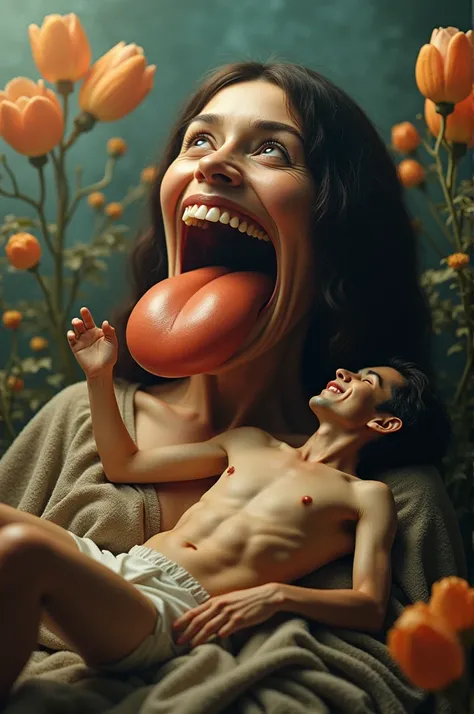 Small, naked man lying on the tongue of a giant woman