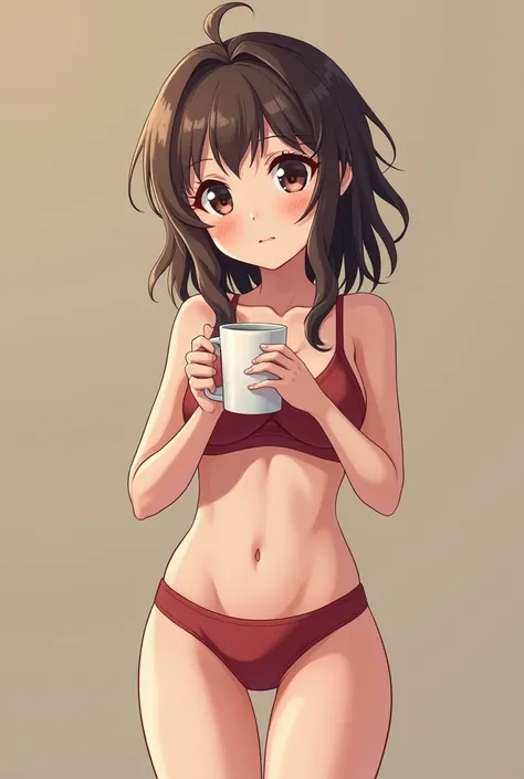 Junior high school girls in underwear, holds a cup of coffee