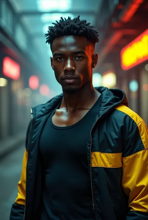 Young black afro man, muscular, 18 years old, short round curly hair and yellow eyes, wearing a black tank top and a black and yellow sports jacket over it. Rolling up one of the sleeves of his jacket and showing his forearm. In a futuristic underground ci...