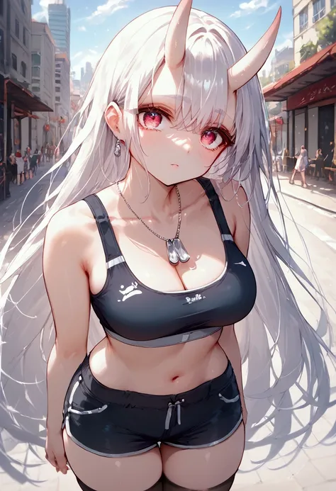 score_9, score_8_up, score_7_up, source_anime, (masterpiece), best quality, expressive eyes, perfect eyes, perfect face, oni girl, oni horns, red eyes, soft lips, long hair, very long hair, wide hips, (white hair:1.2), (white eyebrows:1), (white eyelashes:...