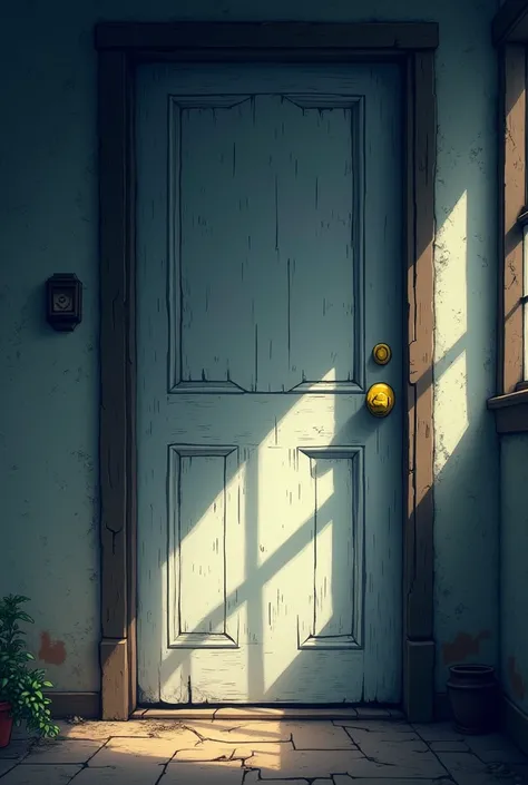 Create an image of a white door with a yellow knob on a dusty house being closed. In the middle of the darkness.,all this with a pixelated style similar to the visual style of Undertale. 