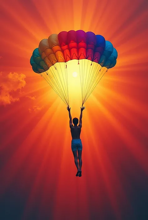 A person with white skin and a parachute with colors: cian, violet, dark blue, magenta, red, yellow , orange, and green, en un fondo red y un sol cian y una luz oscura