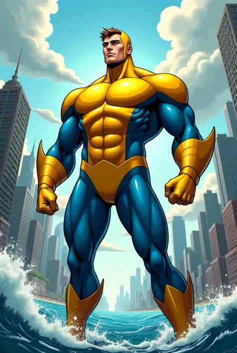 a superhero with a yellow and blue suit named submarine man