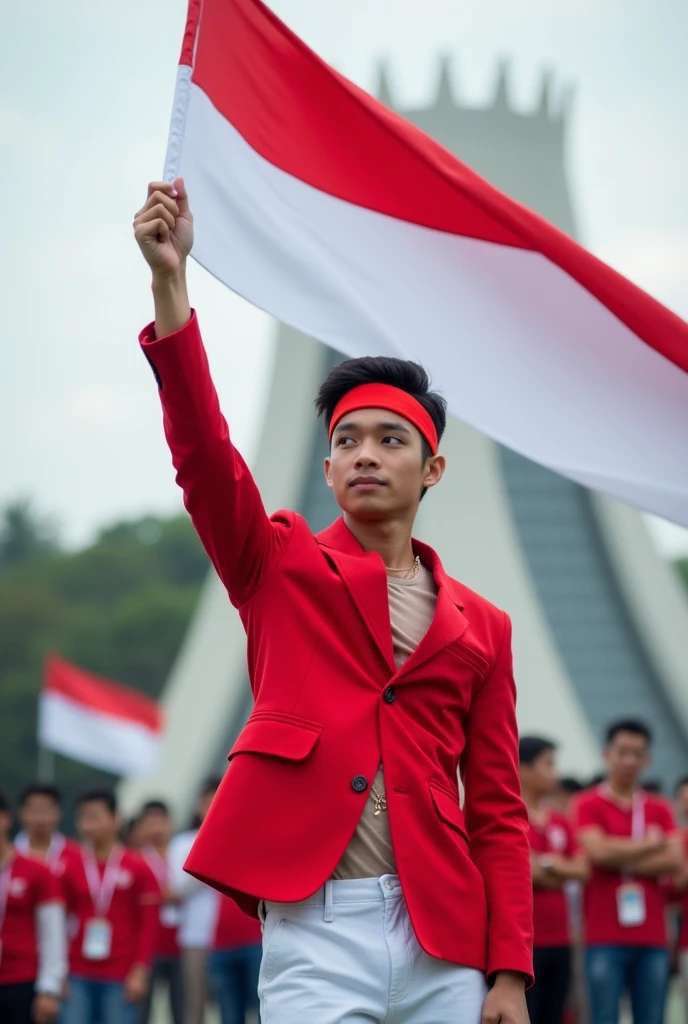 A portrait of a 19-year-old Indonesian young man wearing a red slim jacket and white pants,wearing a red headband,holding the flag,standing at the IKN palace with blurred people and the red and white flag behind him.